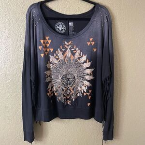 Affliction Women’s XL Damen Pullover Trailhead Fringe Shirt Top Long Sleeve